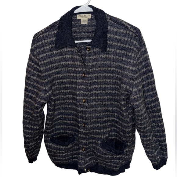 Vintage Eddie Bauer 100% Wool Navy and Charcoal Button Down Turtleneck Sweater - Picture 2 of 6